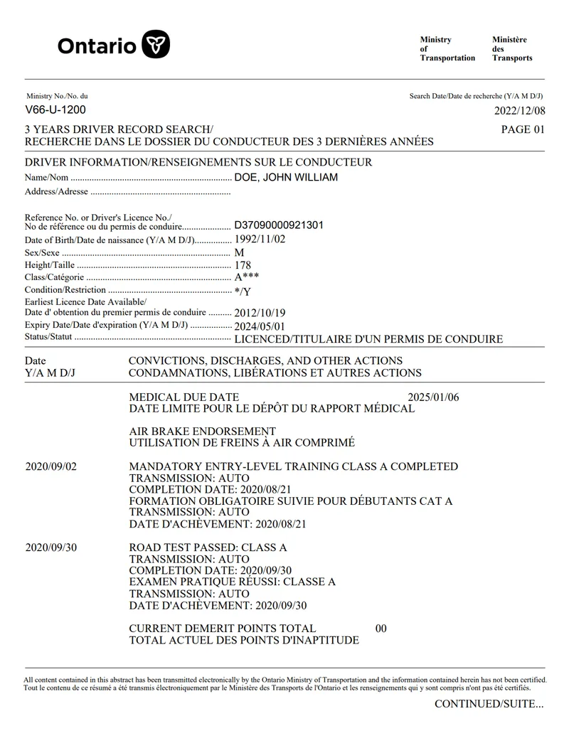 Sample Ontario 3-year driver record showing the driver information block, the convictions section and the demerit point total